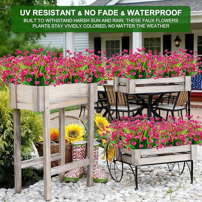 TURNMEON 20 Bundles Artificial Flowers for Outdoors Fake Plants Spring Decor, UV Resistant Artificial Plants Cemetery Flowers Faux Plastic Greenery Shrub for Home Porch Summer Decor 580 Heads(Magenta)