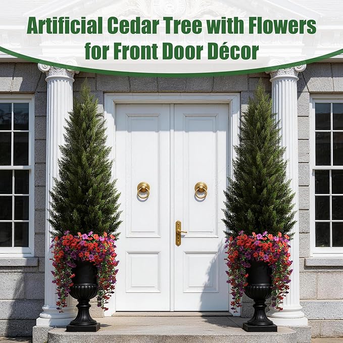 Artificial Topiary Cedar Trees 5FT Tall 2 Set with 12 Bundles Faux Silk Flowers, Outdoor Indoor Faux Pine Shrubs Plants, Fake Bushes Plants for Home Front Porch Door Patio