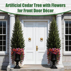 Artificial Topiary Cedar Trees 5FT Tall 2 Set with 12 Bundles Faux Silk Flowers, Outdoor Indoor Faux Pine Shrubs Plants, Fake Bushes Plants for Home Front Porch Door Patio