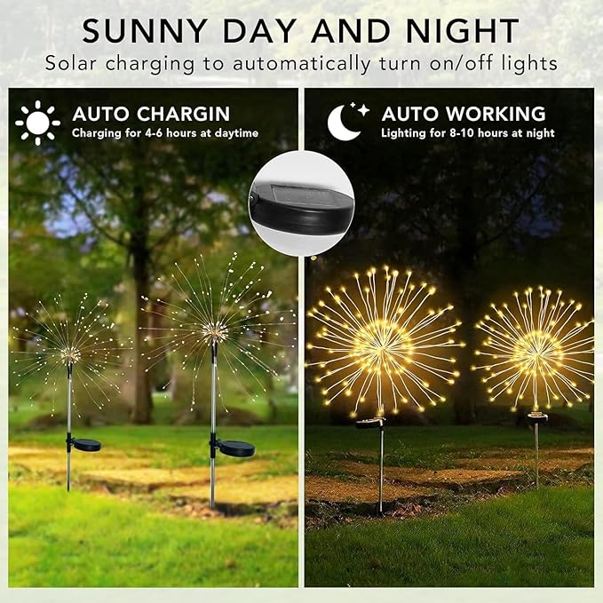 FOOING 4 Pcs Solar Garden Lights Solar Firework Lights, 480 LED Solar Powered String Light 2 Modes Twinkling Solar Lights for Garden, Wedding, Party, Patio(Warm White), 100182987