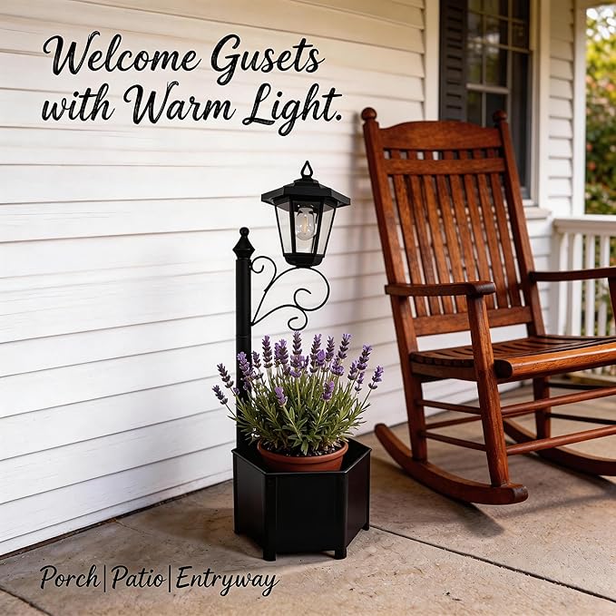 Solar Floor Lamps with Planter (2-in-1 Design), 29.5" Outdoor Solar Lamp Post - IP44 Waterproof, Warm Yellow Lights Dusk to Dawn 6-8Hr, Easy Install for Lawn, Patio, Porch, Yard & Pathway Decor
