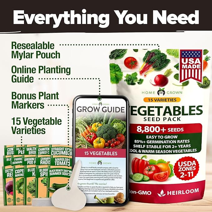 HOME GROWN 15 Variety Survival Seed Vault 7,000+ Heirloom Non-GMO Vegetable Seeds for Planting, High Germination, Complete Garden Starter Kit, Prepper Survival Gear, Indoor Outdoor