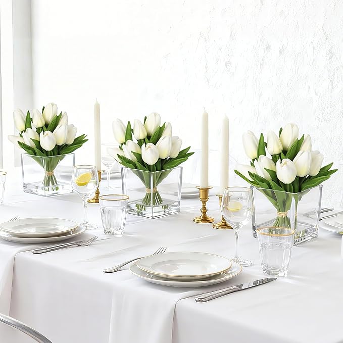 GarveeLife 12 Pcs Artificial Tulips Flowers, Real Touch Faux Tulip Stems for Vase, Home Kitchen Wedding Dining Table Decorations, Ideal Gift for Mother's Day, Easter, Valentine's Day (White)