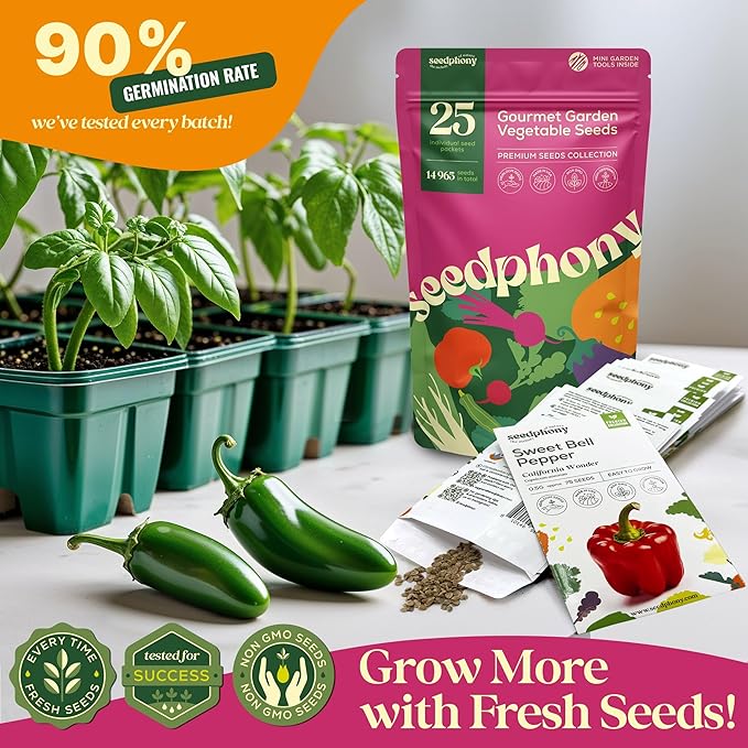 Seedphony 25 Gourmet Garden Vegetable Seeds Variety Pack - 14,965+ Non-GMO Heirloom Vegetables Seeds for Planting Indoor&Outdoor Home Garden Seeds - Gardening Seed Packets for Planting Vegetable Seeds