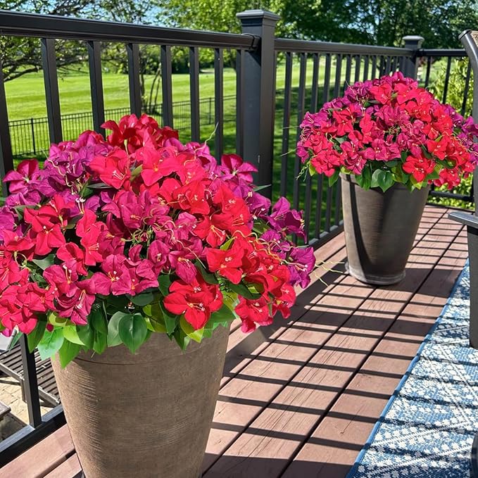 Artificial Bougainvillea Spring Flowers Faux Plants for Outdoors, Fake UV Resistant Look Real Silk Colorful Greenery for Outside Porch Planters Patio Summer Decoration, 8 Bundles