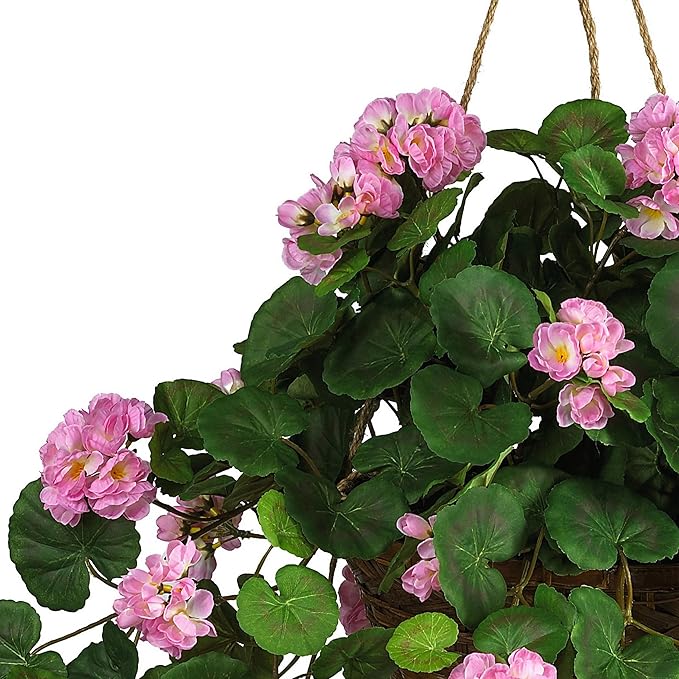 Nearly Natural 24in Artificial Geranium Hanging Basket Faux Floral Plant For Home Decor, Pink