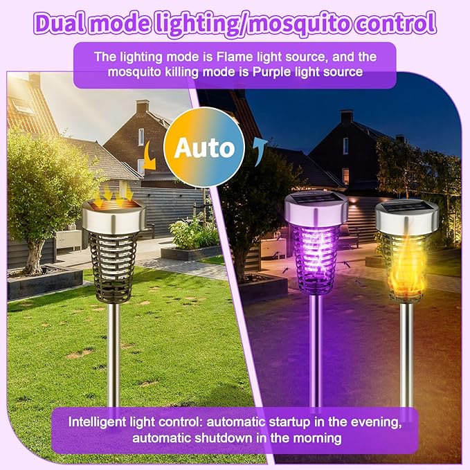 Qualirey 12 Pack Solar Bug Zapper Outdoor Waterproof Mosquito Repellent Killer Bug Zapper Lamp with LED Light for Outdoor Garden Patio Yard (Purple and Flame Light,Silver)