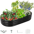 YSEJOMP 5X2.7X1 FT Oval Galvanized Metal Garden Raised Bed/Plant Box for Planting,32 Inches Diameter Iron Fire Pit Ring,Small Animal Fence-3 in 1 Modular Design in Black (Black, 60X32X11.5 Inches)