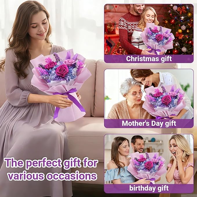 Preserved Flowers Bouquet, Flowers for Delivery,Handmade Purple Rose Bouquets Lasting 3-5 Years, Luxury Gift Box,Birthday Flowers Gifts for Women Mom Grandma Wife Friends