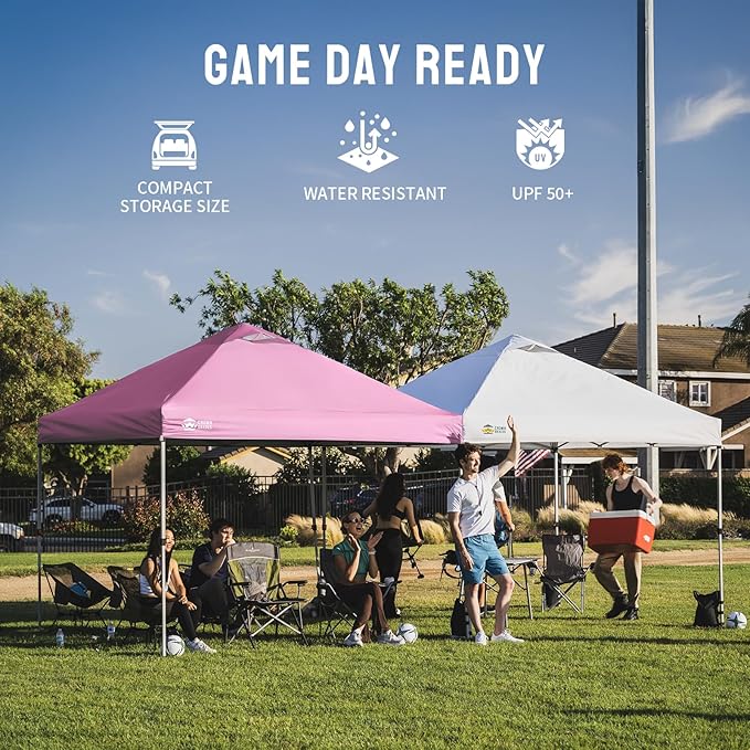 CROWN SHADES 10x10 Pop Up Canopy - Beach Tent with One Push Setup - Easy Outdoor Sun Shade for Events, Parties, Camping - Gazebo with STO-N-Go Cover Bag, Silver Coated Top, Pink