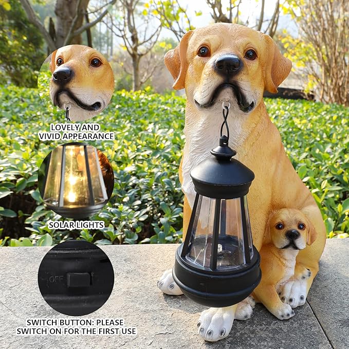 Garden Dog Statues Outdoor Decor, Solar Lights Outdoor Labrador Figurine Solar Dog Ornaments for Patio, Lawn, Yard Art Decoration, Housewarming Garden Gifts for Mom