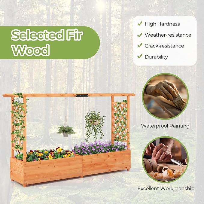 HAPPYGRILL Raised Garden Bed with Trellis, 2 Pack Freestanding Wood Planter Box w/Hanging Roof & 8 Drainage Holes for Vine Climbing Plants Flowers, Outdoor Planter with Trellis for Garden Patio Yard