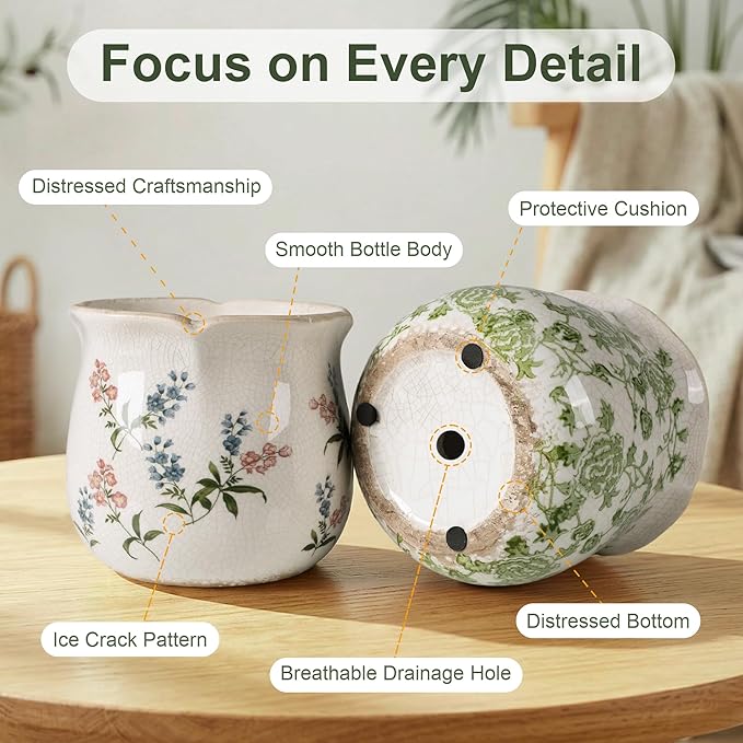 DREAMLOOM Vintage Ceramic Planter for Indoor Plants,6.1" Ice Crack Cottage Scroll Vase Tuscan Decor Flower Pots with Drainage Holes Home Kitchen Farmhouse Antique Decorative Gift (Red-Corrugated)