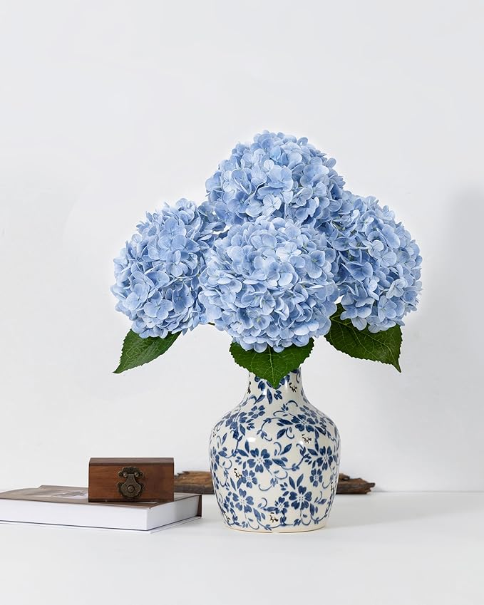 DuHouse 4Pcs Large Hydrangea Artificial Flowers,Latex Real Touch Hydrangeas Lifelike Hydrangea Flower for Home Wedding Bouquets Centerpieces Party Living Room Decoration(Blue)