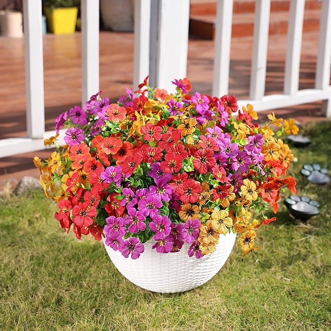 2 Set Artificial Flowers Hanging Plants in Basket,Artificial Hanging Flowers for Outdoor Indoor Decor,UV Resistant hanging Baskets with Fake Flowers for Spring Summer Patio Garden Porch Deck Decor