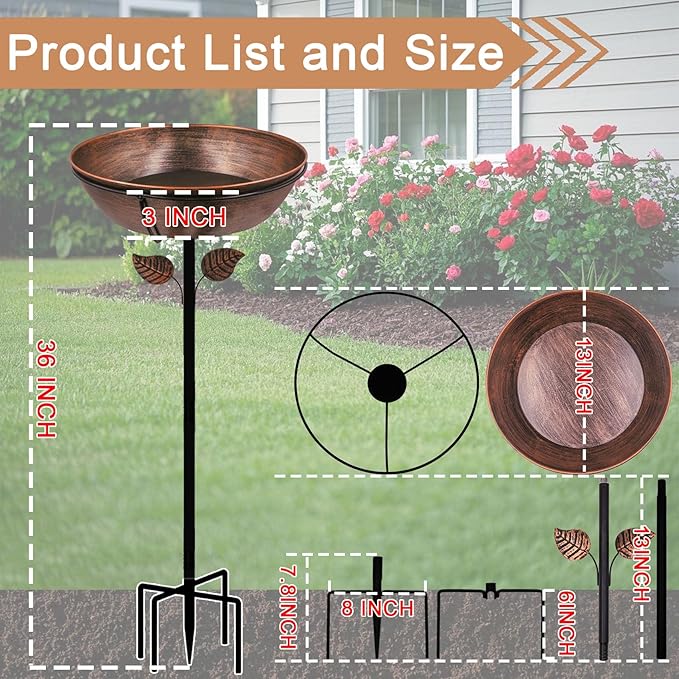 3" Deep Metal Bird Bath for Outdoors, Removable 13" Dia Bowl with Stable Upgrades Stake, Easy to Clean Birdbaths for Garden Yard Lawn Decor 1.4 Gallon (Pack of 2)