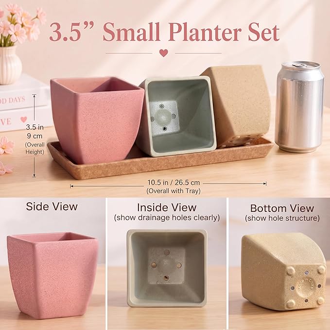 Small pots for Plants, Indoor Square Planter Set, 3.5 inch Modern Succulent Mini Succulent Pots for Windowsill, Shelf & Desk Decor.Pink/Yellow/Green