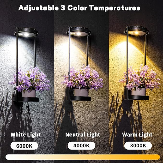 Solar Floor Lamps with Plant Stand, 3 Color Temperatures Solar Outdoor Lights, Metal Hanging Plant Holder Outdoor Wall Sconce for Garden Yard Patio Balcony (Black)