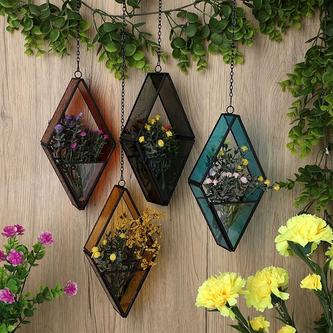 Hushee 4 Pcs Stained Glass Hanging Plant Terrariums Hanging Glass Planter Air Plant Holders with Chain for Window Christmas Home Decor Gifts for Mom Women, 7.87 x 3.94 x 1.97 Inch(Cute Color)