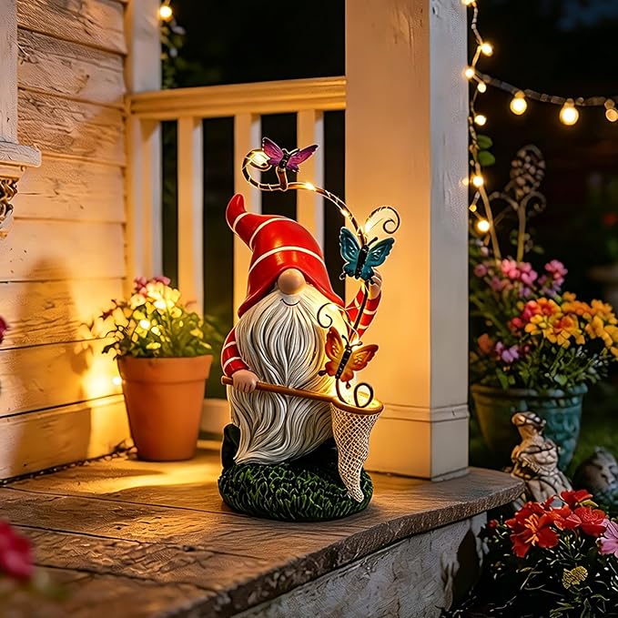 Garden Gnome Statue, Solar Funny Gnomes Figurine Catching Butterflies with LED Lights Waterproof Resin Outdoor Decor for Patio Lawn Yard Home Tabletop Decoration