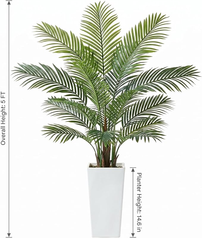 Garvee 5FT Artificial Palm Tree, Tall Faux Tropical Areca Plants with White Tall Planter, Fake Potted Tree with Lifelike Leaves for Indoor Living Room Bedroom Home Office Decor