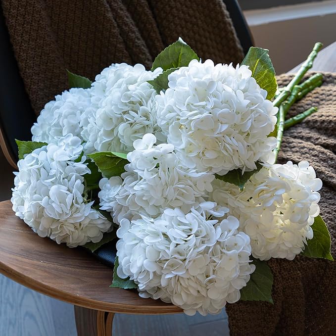 DUYONE 4PCS Artificial Flowers Large Hydrangeas Flowers Latex Bouquet for Wedding Bridal Office Home Party Decoration (4Pcs White)