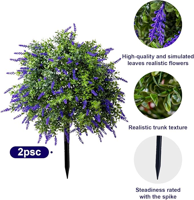 Bailikang 2PCS Artificial Lavender Boxwood Topiary Ball Bush with Ground Spike Fake Evergreen Shrubs Bushes Plants UV Resistant Faux Greenery Shrubs, Fake Green Boxwood Plants for Garden, Yard, Porch