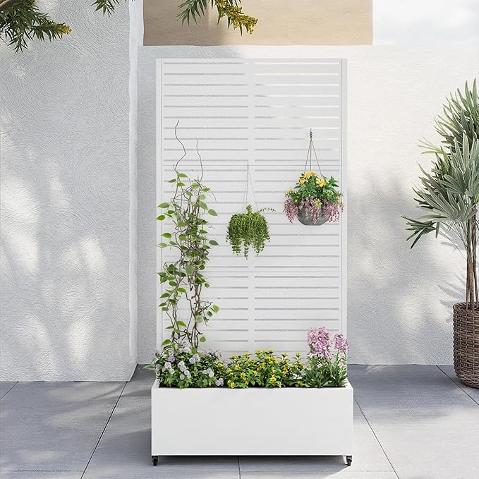 Metal Planter Box with Trellis,72"x35"x15",Galvanized Raised Garden Bed Trellis Outdoor Planter with Privacy Screen & Wheels and Drainage Holes,for Patio Climbing Vegetables,Flowers,Vines,White