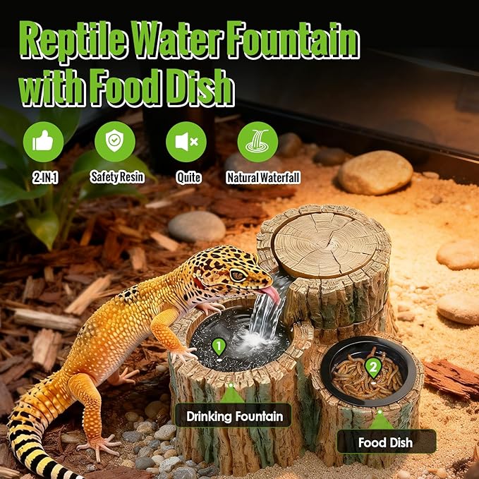 MIXJOY 2 in 1 Reptile Water Fountain with Food Dish 550ML, Reptile Waterfall Drinking Fountain with Adjustable Flow, Natural Resin, Reptile Water Dispenser for Bearded Dragon Gecko Lizard Chameleon