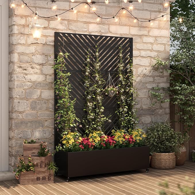 Galvanized Metal Planter Box with Trellis,Metal Raised Garden Bed Trellis 72"x47"x15.7"Inches Outdoor Planter with Wheels and Drainage Holes,for Patio Climbing Vegetables,Flowers,Vines,Black