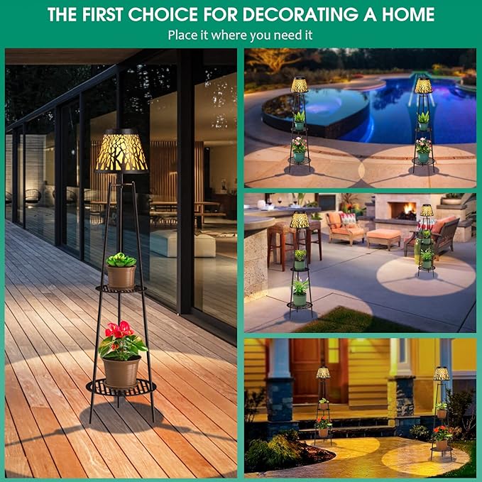 2 Pack Outdoor Solar Floor Lamp with Plant Stand, Waterproof Metal Garden Lights with 2-Tier Shelves, Decorative LED Cordless Patio Lamp for Porch, Deck, Balcony, Yard & Corner Decor (Bronze)