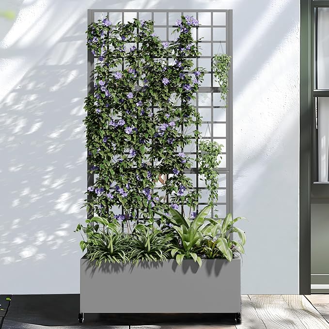 Casaphoria Metal Raised Garden Bed with Trellis and Wheels, 72"x35"x16" Planter Box for Climbing Plants, Vegetables & Vines, Features Drainage Holes and Privacy Screen (Gray-Grid)