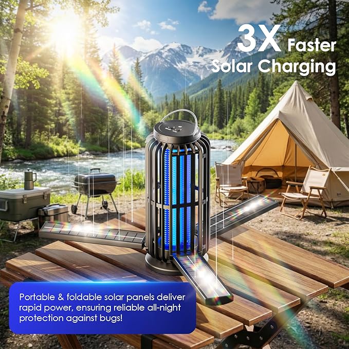 TYPEC 2 Pack Solar Bug Zapper, 3 Solar Charging Panels, 4200V Mosquito Zapper, Auto On/Off LED Light, IP67 Waterproof, USB-C & Solar Powered, Indoor Outdoor Insect Killer for Yard Patio Garden