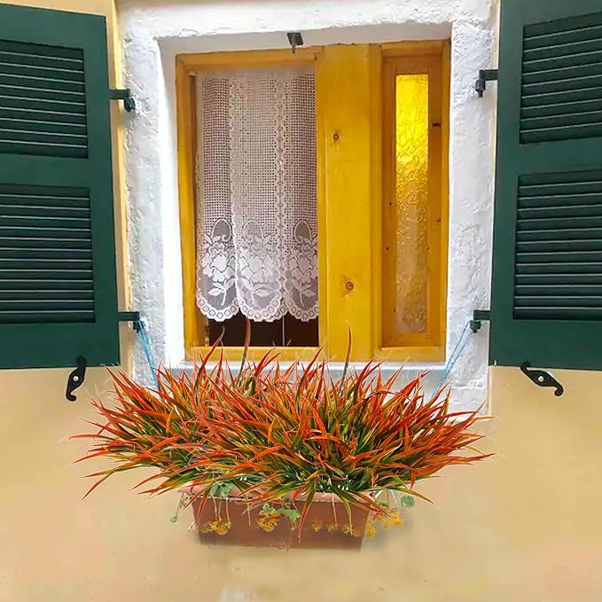 12 Bundles Fake Fall Outdoor Plants Artificial Grass Fall Stems Faux Plastic Fall Shrubs for Home Garden Pathway Window Box Front Porch Cemetery Fall Decor, Autumn Orange