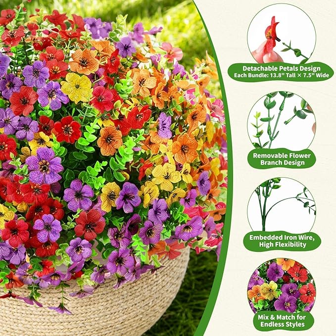 Artificial Outdoor Flowers, Realistic UV Resistant Waterproof Faux Plants, Full Looking Fake Flowers for Porch Planters Hanging Baskets Garden Patio Yard Outdoor Decor, 12 Bundles 4 Colors