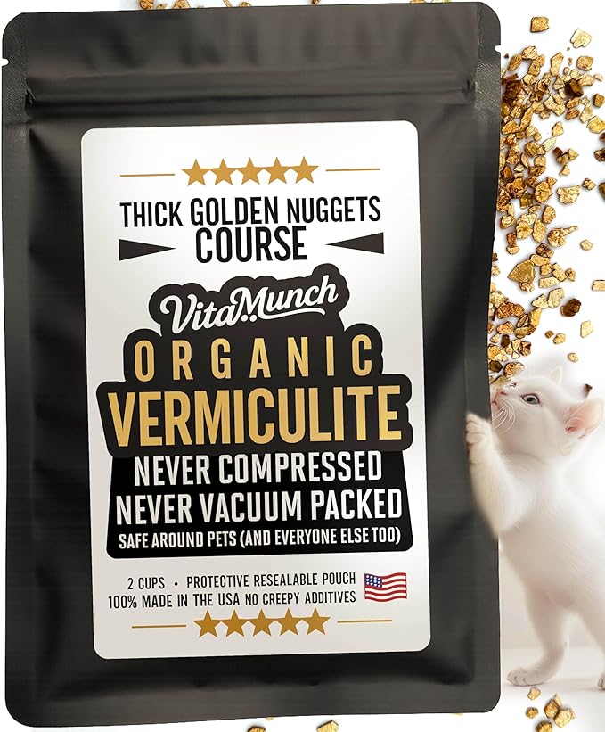 Vitamunch Coarse Organic Vermiculite 2 Cup Protective Packet – Pet Safe for Curious Kitties – Pure with No Additives or Chemicals – Light Never Compressed – Cat Grass House Plants Seed Starts Cuttings