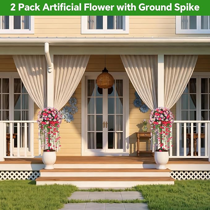 2Pcs Artificial Morning Glory Topiary Trees, Red Fake Shrubs Bushes with Ground Spike, Faux Evergreen for Porch Plants, UV Resistant Artificial Flowers for Outdoors Indoor Front Garden