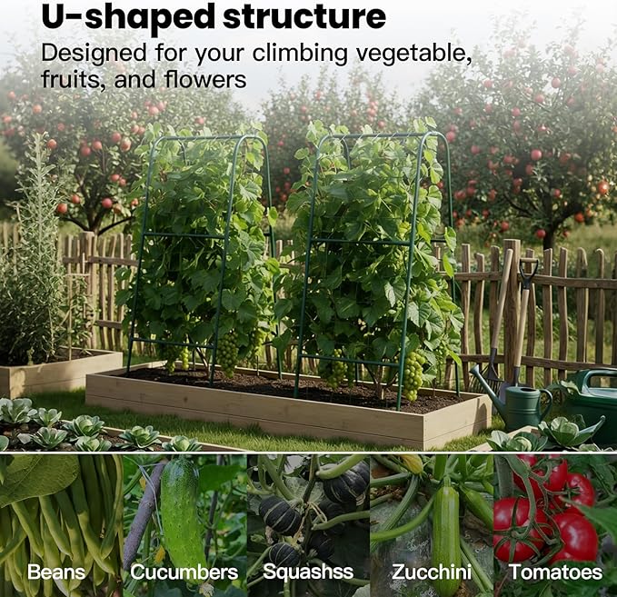 Cucumber Trellis for Raised Bed, Garden Trellis for Climbing Plants Outdoor, Metal Arch Trellis U-Shape Vegetables Support for Tomotoes Grape Vines Beans Peas (Green, 15.7" L x 24" W x 48" H)
