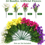 CEWOR 24 Bundles Artificial Flowers for Outdoor Indoor, Fake Silk Morning Glory with Eucalyptus Leaves, Faux Flower for Garden Front Door Porch Planter Patio Home Decor (Fuchsia Yellow White Purple)