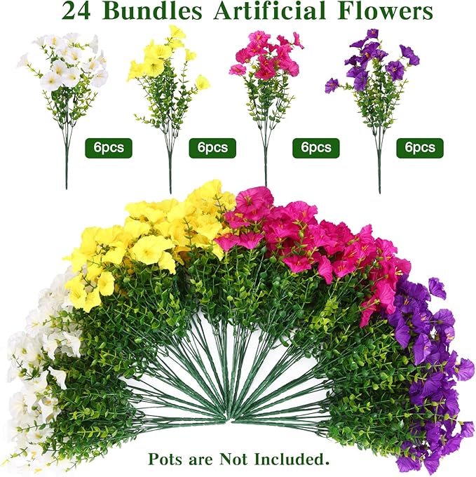 CEWOR 24 Bundles Artificial Flowers for Outdoor Indoor, Fake Silk Morning Glory with Eucalyptus Leaves, Faux Flower for Garden Front Door Porch Planter Patio Home Decor (Fuchsia Yellow White Purple)