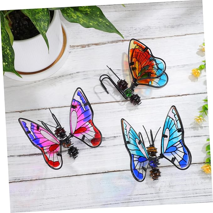 HANABASS 3Pcs Stained Glass Butterfly Plant Pot Hugger Decor - Metal Hanging Flower Planter Ornaments - Outdoor Garden Figurine Art for Potted Plants & Herbs