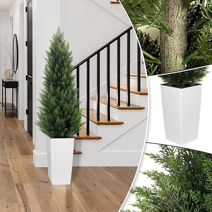5FT Tall 2 Pack Artificial Cedar Topiary Trees with Compact Pyramidal Shape, Realistic Faux Cypress in Square White Pot with Fillable Water Bag, Outdoor Evergreen for Front Porch Garden Home Decor