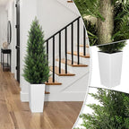 5FT Tall 2 Pack Artificial Cedar Topiary Trees with Compact Pyramidal Shape, Realistic Faux Cypress in Square White Pot with Fillable Water Bag, Outdoor Evergreen for Front Porch Garden Home Decor