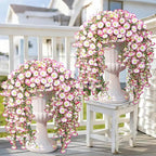 Artificial Hanging Flowers for Outdoors, 4 PCS 600 Blooms UV Resistant Morning Glory Faux Silk Vines, No-Odor Realistic Fake Plants for Garden Planter Porch Patio Decoration, Pink