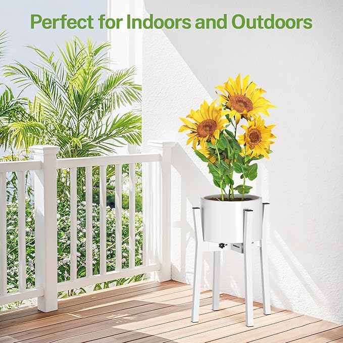iDavosic.ly Adjustable Plant Pot Stand Indoor Outdoor, Metal Short Single Flower Holder Fits 8 to 12 Inch Large Heavy Duty Planter (Not Included) | White