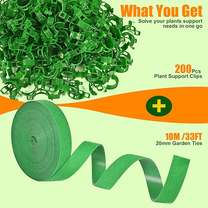 200Pcs Secured Plant Support Clips with Plant Ties 20mm 33ft - Tomato Clips Garden Tape Strap for Garden Netting Climbing Plants, Fixing Stem and Vine (Green)