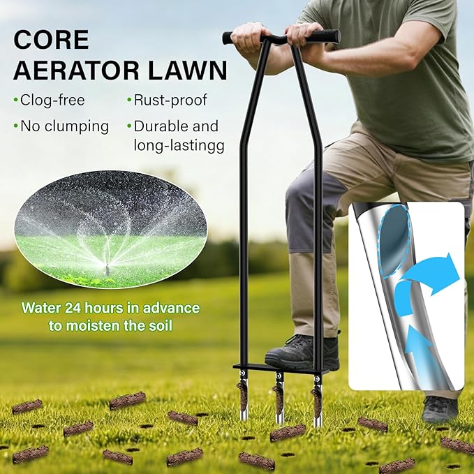 VASALAID Lawn Aerator Tool, Manual Core Lawn Aerator with 3 Stainless Steel Hollow Tines, Heavy Duty Grass Aerating Tool for Compacted Soil & Lawn Care