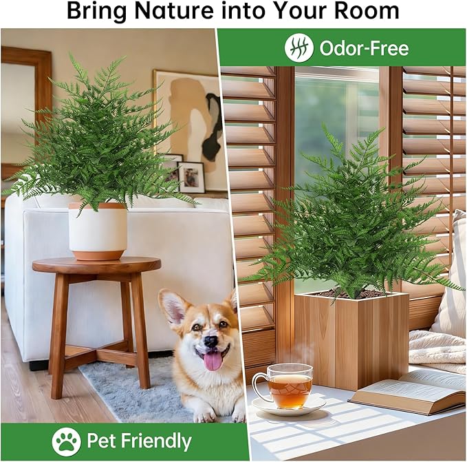 2Pcs Artificial Fern Topiary Trees, Fake Shrubs with Ground Spike, Faux Bushes for Porch Plants, UV Resistant Artificial Evergreen for Outdoors Indoor Front Garden