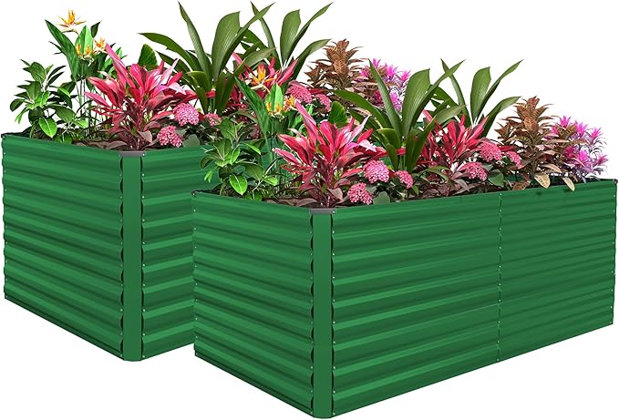 FOOWIN 2pcs 8x4x3ft Galvanized Raised Garden Bed, Planter Raised Garden Boxes Outdoor, Large Metal Raised Beds for Gardening, Garden Bed for Vegetables, Flowers, Herb, Green