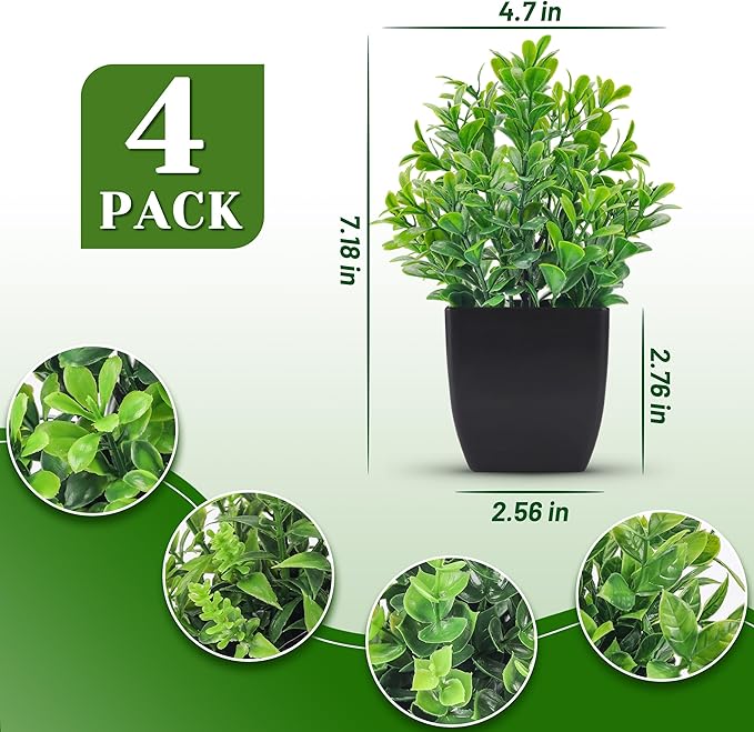 Der Rose Set of 4 Pack Small Fake Plants Mini Artificial Faux Plants Indoor for Bathroom Farmhouse Room Table Decor